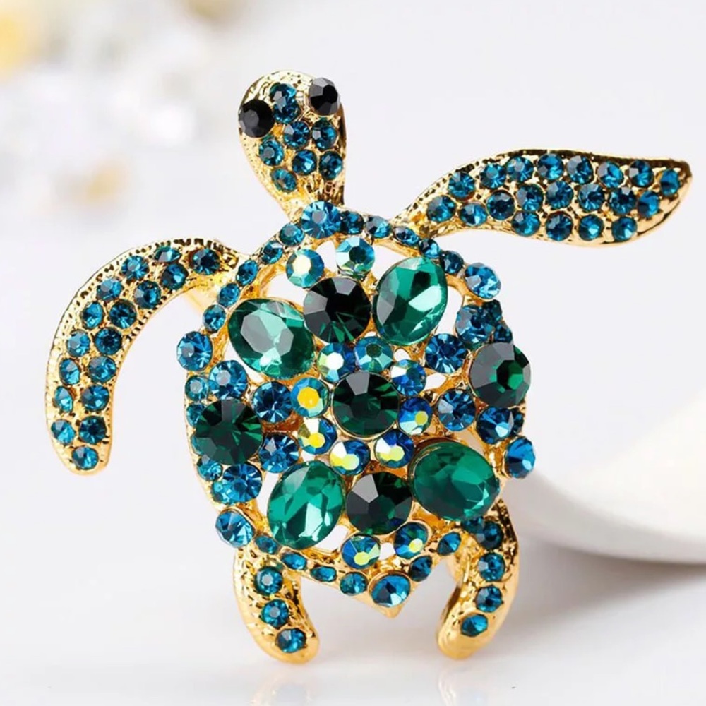 Green Rhinestone Sea Turtle Brooch